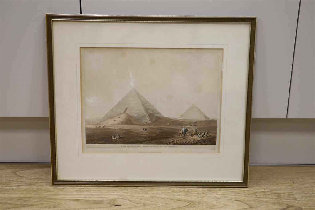 Milon after Luigi Meyer, coloured aquatint, First and Second Pyramid of Gizah, Ancient Memphis, 25 x 33cm